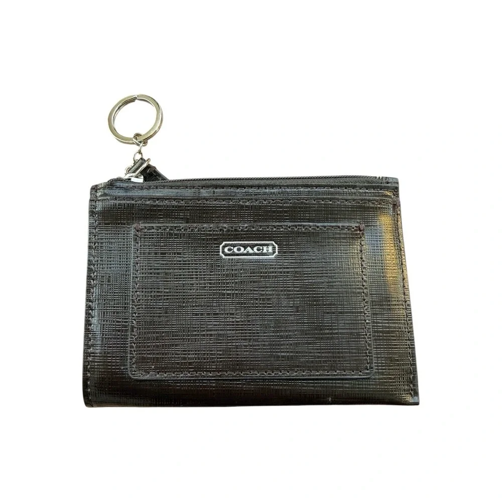 Coach Brown Textured Leather Zip Coin Purse Card Holder Keychain Wallet